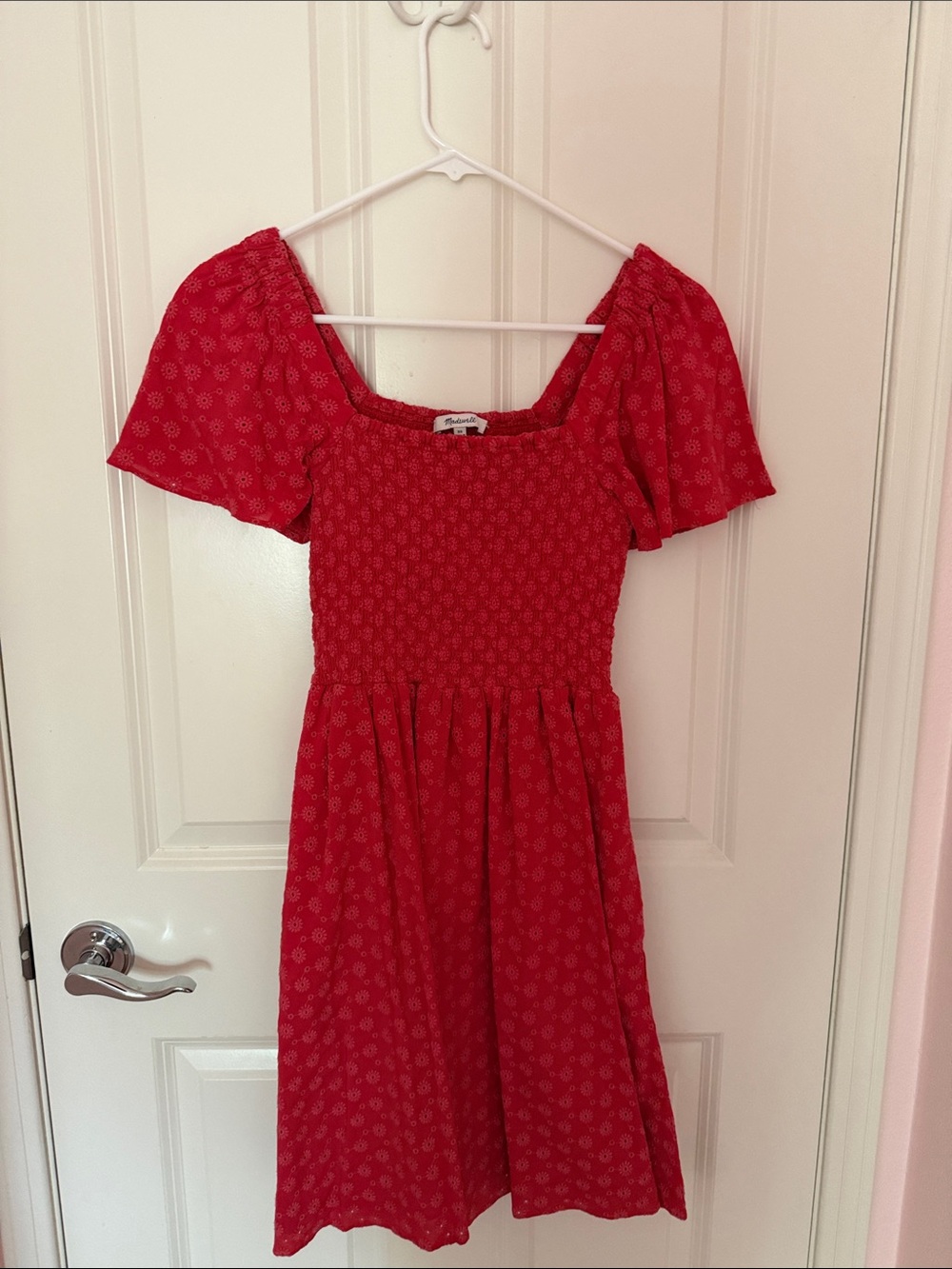 Madewell Red Smocked Square-Neck Mini Dress